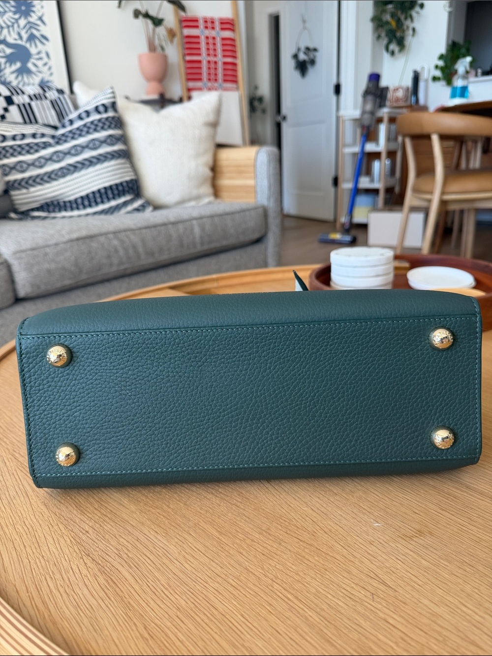 Strathberry Dark Green & Cream Midi Tote with Gold Bar - Picture 12 of 16